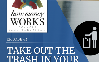 A silver trash can with the symbol of a person disposing of waste for "Take Out the Trash in Your Financial Life," Episode 62 of the "How Money Works" podcast from Maestro Wealth Advisors.