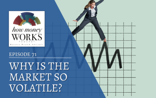 A woman in a business suit balances on the high points of a line graph for "Why Is the Market so Volatile," Episode 71 of "How Money Works" podcast from Maestro Wealth Advisors.